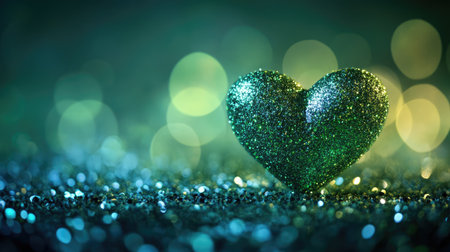 Green heart bokeh with shimmering glitter on a fresh background, creating a cute and joyful scene.の素材