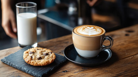 A barista serves a latte with artistic foam alongside a warm cookie and a glass of fresh milk on a wooden table, capturing a perfect morning breakfast sceneの素材