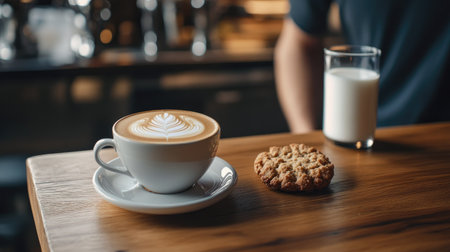 A barista serves a latte with artistic foam alongside a warm cookie and a glass of fresh milk on a wooden table, capturing a perfect morning breakfast sceneの素材