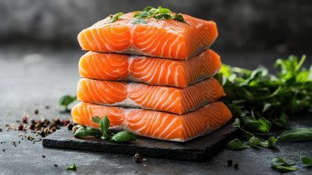 A beautifully arranged stack of fresh salmon fish fillets with bright pink flesh, set against a backdrop of green herbs and vegetables for a healthy meal conceptの素材