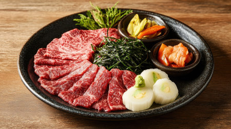 A beautifully arranged plate of raw beef slices with rich marbling, served with side dishes for Sukiyaki, Shabu, or Yakiniku. Perfect for a fine dining experience.の素材