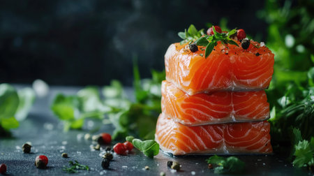 A beautifully arranged stack of fresh salmon fish fillets with bright pink flesh, set against a backdrop of green herbs and vegetables for a healthy meal conceptの素材