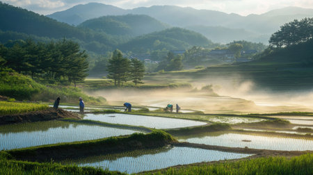 A beautiful morning scene of Korean farmers planting rice in the fertile paddies of Angang-eup, Gyeongju-si, South Korea, with mist rising from the fields and soft sunlightの素材