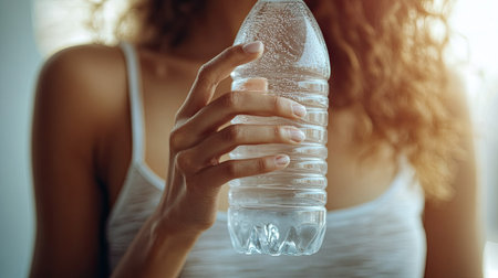 A close-up image of a womanaes hand gripping a water bottle, with the focus on the bottle and her fingers, against a light background for a fresh, clean lookの素材
