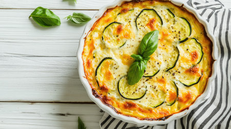 A beautifully baked zucchini casserole with a creamy cheese sauce in a white dish, on a white wooden table, capturing the essence of nourishing and comforting vegetarian cuisine,の素材