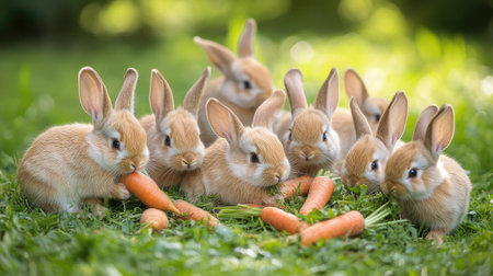 A collection of adorable baby bunnies nibbling on carrots and fresh grass in a green garden. Soft fur and twitching noses create a peaceful Easter scene.の素材