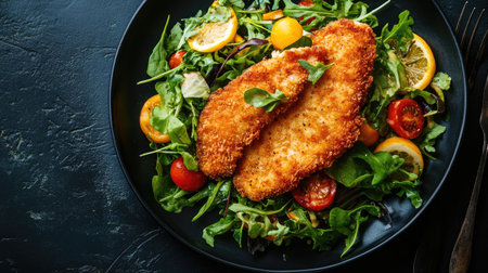A beautifully plated chicken schnitzel with a vibrant vegetable salad on a dark background. Ideal for showcasing traditional cuisine with a healthy twistの素材