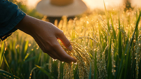 A close-up of a hand with a straw hat visible in the background, holding freshly cut rice stalks, with dew glistening on the grains, early morning light streaming throughの素材