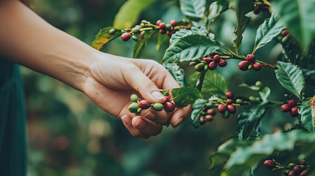 A close-up of womanaes hands picking ripe Robusta coffee berries from a coffee plant in Vietnam, capturing the hands-on harvesting process amidst lush greeneryの素材