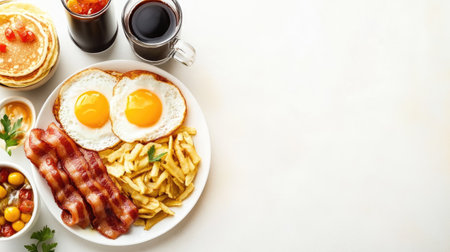 A clean and appetizing breakfast setup with sunny-side-up eggs, crispy bacon, hash browns, fluffy pancakes, and beverages, designed with ample white space aroundの素材