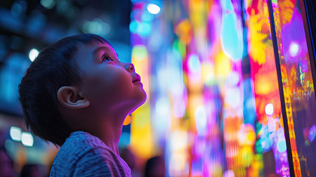 A child gazes in wonder at a giant interactive light installation during Vivid Sydney. The display changes colors and shapes, captivating the audienceの素材