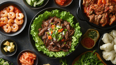 A beautifully styled Korean meal setup featuring braised pork, a cooling bowl of slush, salted shrimp, and fresh lettuce wraps, with various side dishes on the sideの素材