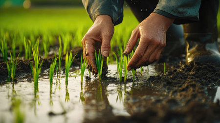 A close-up of Korean farmers' hands planting young rice in the wet, muddy fields of Angang-eup, Gyeongju-si, South Korea, with vibrant green seedlings and water reflectionsの素材