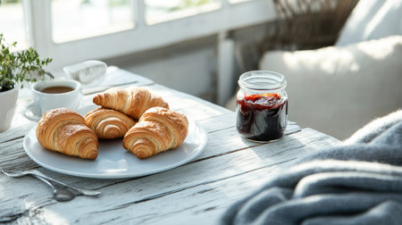 A cozy breakfast scene with fresh coffee, crispy croissants, and a jar of strawberry jam on a white wooden table, capturing the essence of a romantic French morningの素材