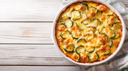 A comforting zucchini casserole in a creamy cheese sauce, baked in a white dish on a white wooden table, perfect for a health-conscious yet satisfying vegetarian meal,の素材