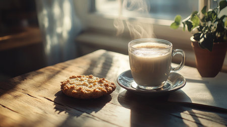 A cozy breakfast setting with a steaming latte, a crispy cookie, and a glass of fresh milk on a wooden table, sunlight streaming through a nearby windowの素材
