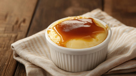 A cozy dessert scene with crame caramel in a white ramekin, topped with caramel sauce, set on a wooden table with a linen napkinの素材