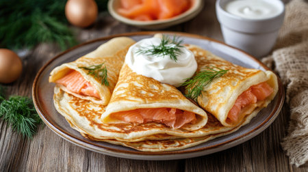 A cozy setup of thin pancakes filled with smoked salmon, served with sour cream and garnished with dill on a wooden table. Ideal for traditional Russian food themesの素材