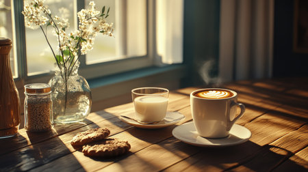 A cozy breakfast setting with a steaming latte, a crispy cookie, and a glass of fresh milk on a wooden table, sunlight streaming through a nearby windowの素材