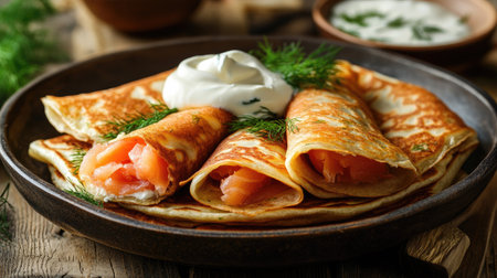 A cozy setup of thin pancakes filled with smoked salmon, served with sour cream and garnished with dill on a wooden table. Ideal for traditional Russian food themesの素材