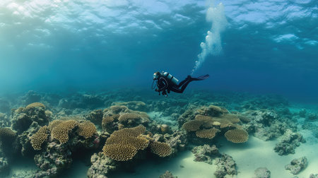 A diver exploring the rich biodiversity of Eilataes Coral Reef, swimming over clusters of alive corals and observing vibrant marine speciesの素材