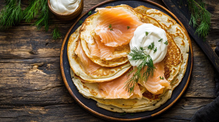 A cozy setup of thin pancakes filled with smoked salmon, served with sour cream and garnished with dill on a wooden table. Ideal for traditional Russian food themesの素材