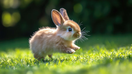 A cute baby rabbit with fluffy fur runs across a grassy yard, nibbling on fresh green grass, showcasing its playful nature, perfect for pet-themed photosの素材