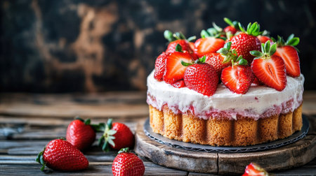 A delectable cake topped with fresh strawberries, elegantly arranged on a rustic wooden table, with natural light highlighting its vibrant colors and texturesの素材