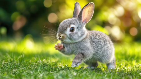 A cute baby rabbit frolicking in the yard, nipping at the grass with excitement. Ideal for a pet-themed stock photo capturing the joy of owning a rabbit.の素材