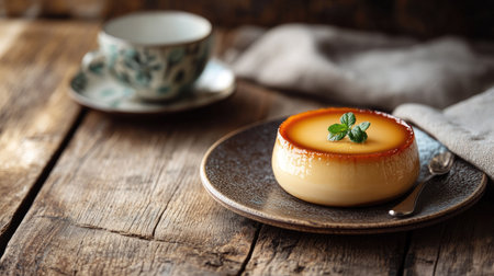 A delicious crame caramel with a perfectly set caramel layer, served with a cup of coffee on a rustic wooden tableの素材