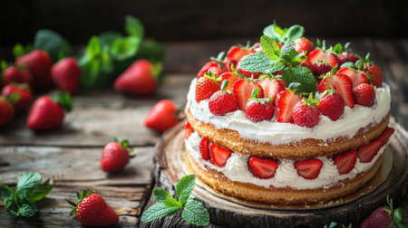 A delicious cake garnished with fresh strawberries and mint leaves, set on a rustic wooden table, perfect for a summer garden party or picnic sceneの素材