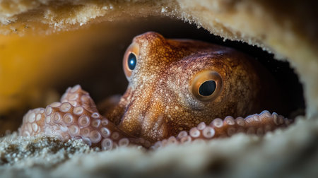 A curious coconut octopus emerges from its sandy hideout while diving in Indonesia, highlighting its natural behavior and setting.の素材
