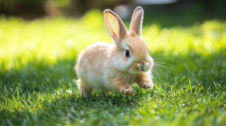 A cute baby rabbit with fluffy fur runs across a grassy yard, nibbling on fresh green grass, showcasing its playful nature, perfect for pet-themed photosの素材