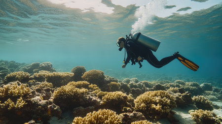 A diver exploring the rich biodiversity of Eilataes Coral Reef, swimming over clusters of alive corals and observing vibrant marine speciesの素材
