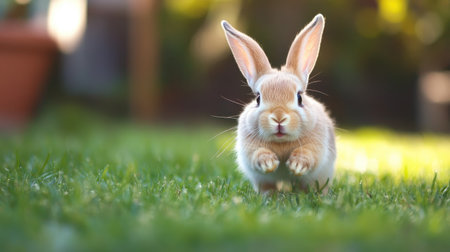 A cute baby rabbit frolicking in the yard, nipping at the grass with excitement. Ideal for a pet-themed stock photo capturing the joy of owning a rabbit.の素材