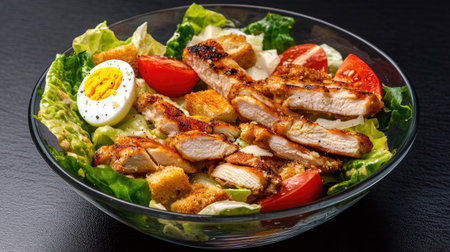 A delicious Caesar salad displayed in a clear glass bowl, with a mix of lettuce, ripe tomatoes, boiled eggs, and grilled chicken strips, garnished with parmesan and croutonsの素材