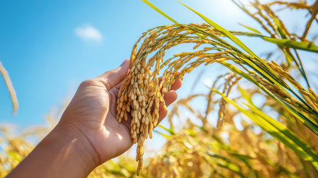 A farmer's hand reaching out to grab ripe rice stalks, showcasing the grains' rich golden color, against a clear blue sky, symbolizing abundance and harvest seasonの素材