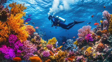 A diver exploring the vibrant coral reefs of Thailand, swimming over a colorful coral bed with an array of sea fans, sponges, and tropical fishの素材