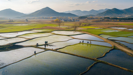 A drone shot showing Korean farmers planting young rice plants in vast, water-filled fields in Angang-eup, Gyeongju-si, South Korea, with a mountain range in the distanceの素材