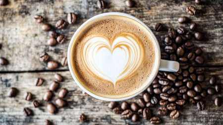 A flat lay of a latte with a heart-shaped foam art, surrounded by a scattering of coffee beans on a rustic wooden surface, perfect for a cozy coffee shop feelの素材