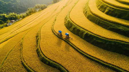 A drone shot of a rice field in Vietnam with farmers harvesting the golden crop, capturing the rhythm and harmony of traditional farming practicesの素材