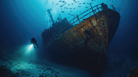 A diver exploring a mysterious shipwreck on the ocean floor, illuminated by their flashlight, with schools of fish swimming around the rusty hullの素材