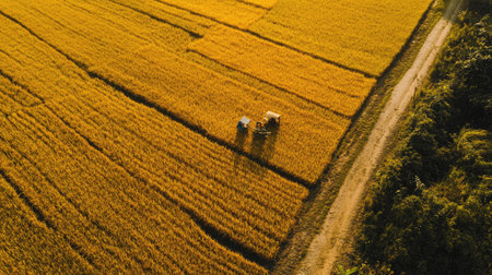 A drone shot of a rice field in Vietnam with farmers harvesting the golden crop, capturing the rhythm and harmony of traditional farming practicesの素材