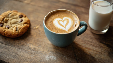 A flat lay of a breakfast set on a wooden table featuring a cup of coffee with heart-shaped latte art, a freshly baked cookie, and a chilled glass of milkの素材