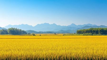 A beautiful landscape of ripe yellow rice fields ready for harvest, with a distant view of farmers working and mountains on the horizon, under a cloudless skyの素材