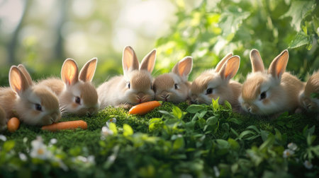 A collection of adorable baby bunnies nibbling on carrots and fresh grass in a green garden. Soft fur and twitching noses create a peaceful Easter scene.の素材
