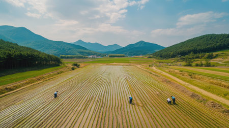 A drone shot capturing a group of Korean farmers planting young rice plants in the expansive fields of Angang-eup, Gyeongju-si, South Korea, with mountains in the backgroundの素材