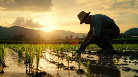 A dedicated farmer planting rice in the fertile fields of Grobogan, Indonesia, April 2023, with muddy water glistening in the sun and endless rows of green shootsの素材