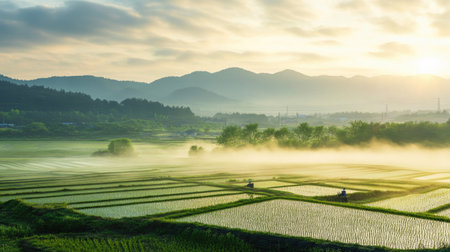 A beautiful morning scene of Korean farmers planting rice in the fertile paddies of Angang-eup, Gyeongju-si, South Korea, with mist rising from the fields and soft sunlightの素材