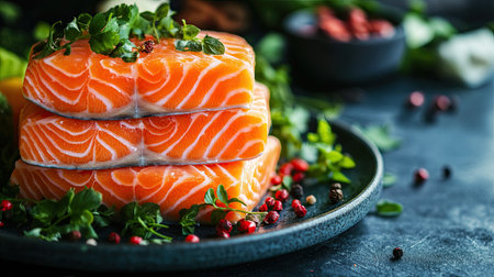 A beautifully arranged stack of fresh salmon fish fillets with bright pink flesh, set against a backdrop of green herbs and vegetables for a healthy meal conceptの素材
